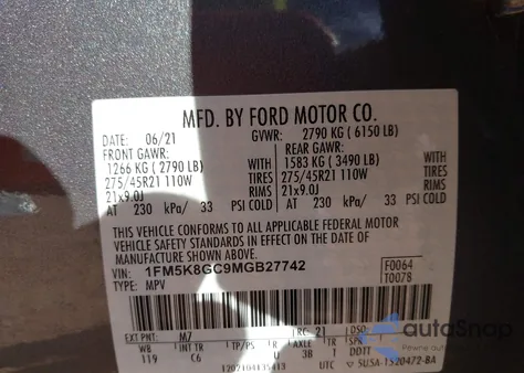 2021 Ford Explorer St из США, поврежденный, VIN 1FM5K8GC9MGB27742